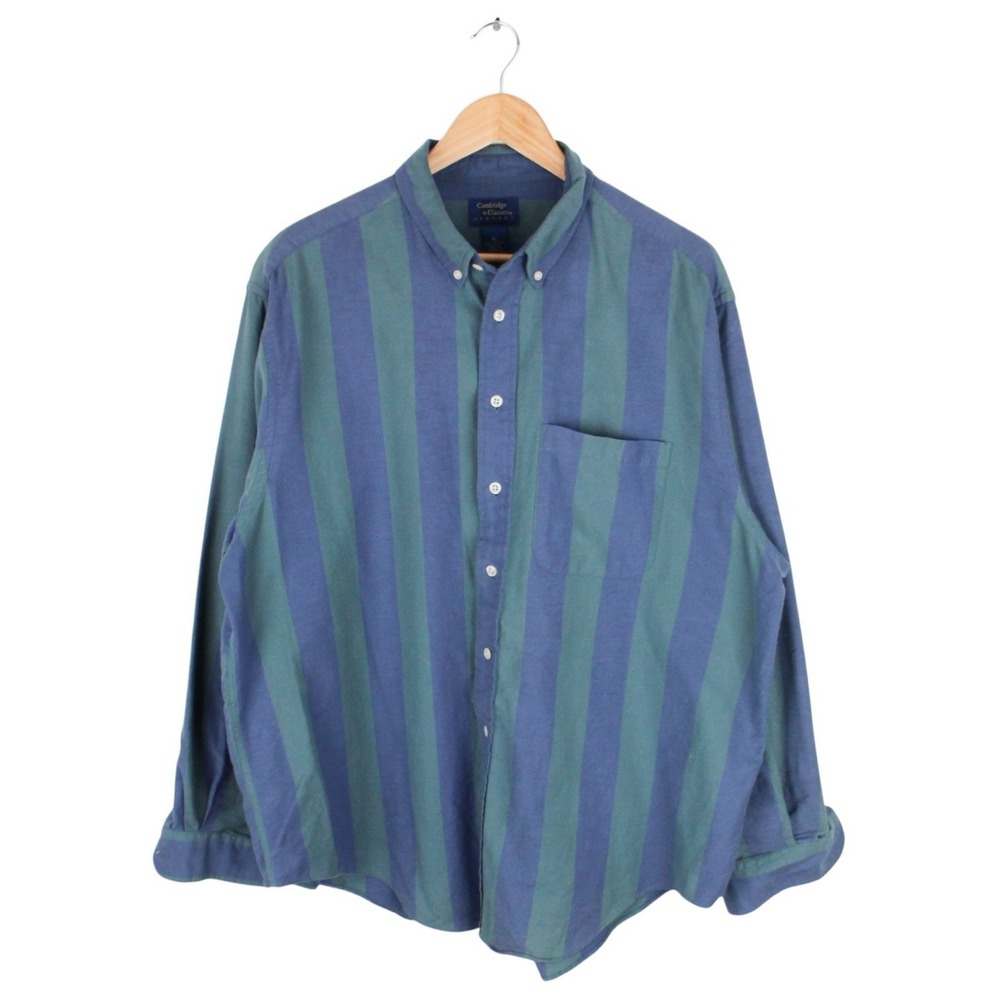 Vintage Cambridge Classics Button Down Shirt Blue Green Striped Cotton Mens XL